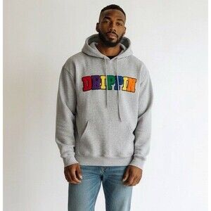 Hudson Outerwear Drippin Hoodie Men Sz L Gray 3D Rainbow Logo Streetwear Y2K